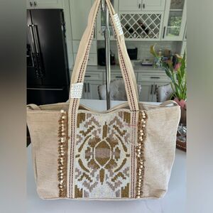 America & Beyond Hand Beaded Neutral Colored Wild Nights Tote Bag NWT